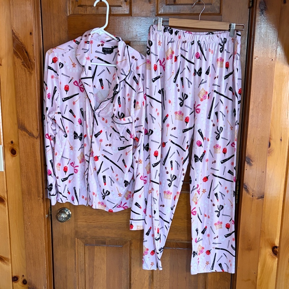 Kate Spade Pajama Set Pink Long Sleeve Button Top Pant Lipstick Bow Size XL
